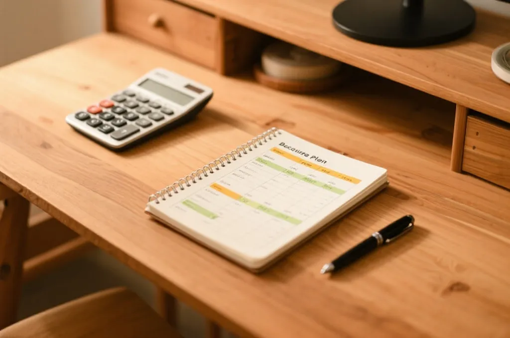 An organized wooden desk with a notebook showing a budget plan, a sleek calculator, and a pen, warm natural lighting, conceptualizing financial planning and risk management